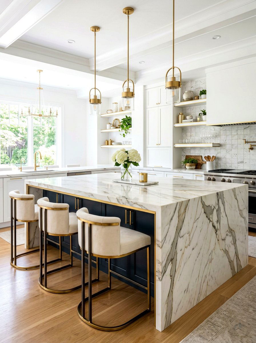 Calacatta marble island with gold accents - 30 statement island kitchen ideas
