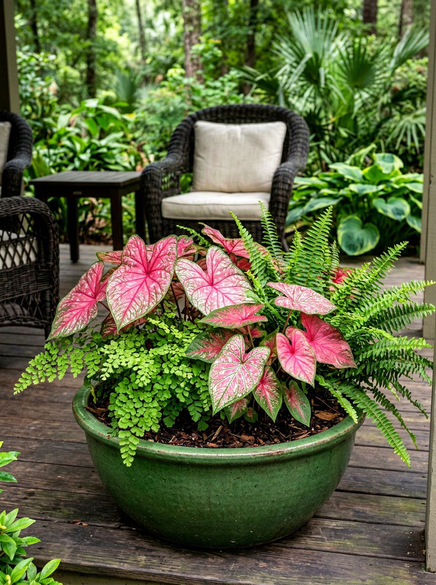 Caladium and Fern Texture - 30 porch planter arrangement ideas for summer