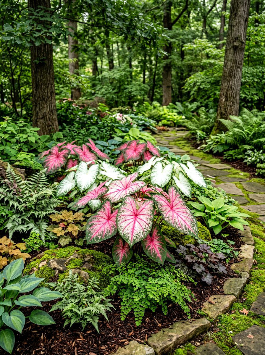 Caladiums for shade garden foliage - 30 annual flower bed ideas