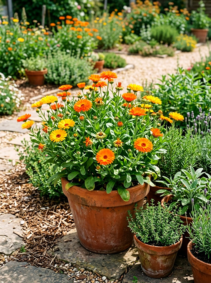 Calendula garden pot - 30 balcony cut flower garden ideas
