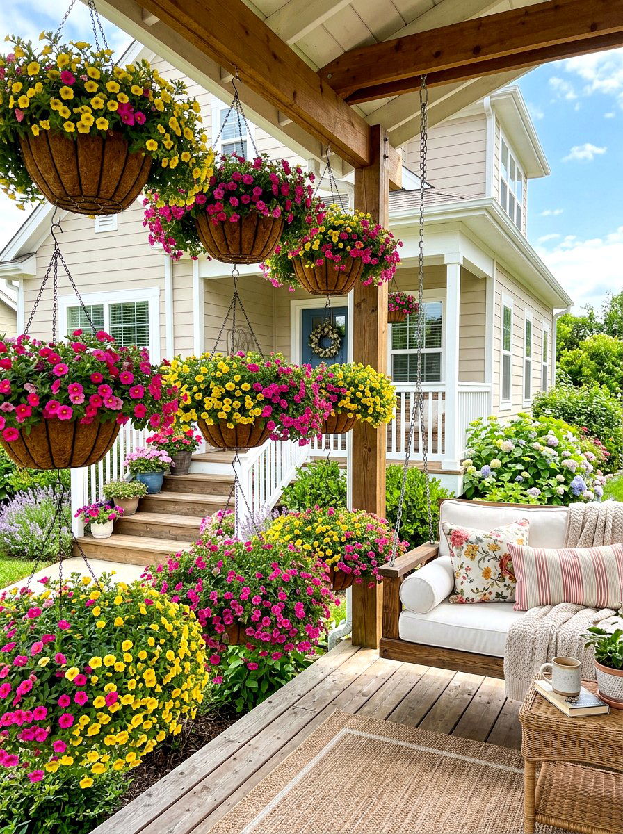 Calibrachoa hanging basket - 30 porch floral basket ideas