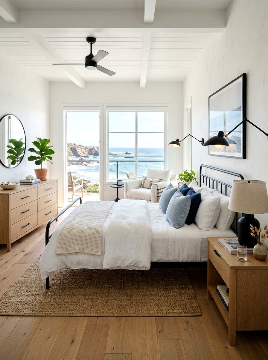 California coastal bedroom with black accents - 30 coastal bedroom ideas