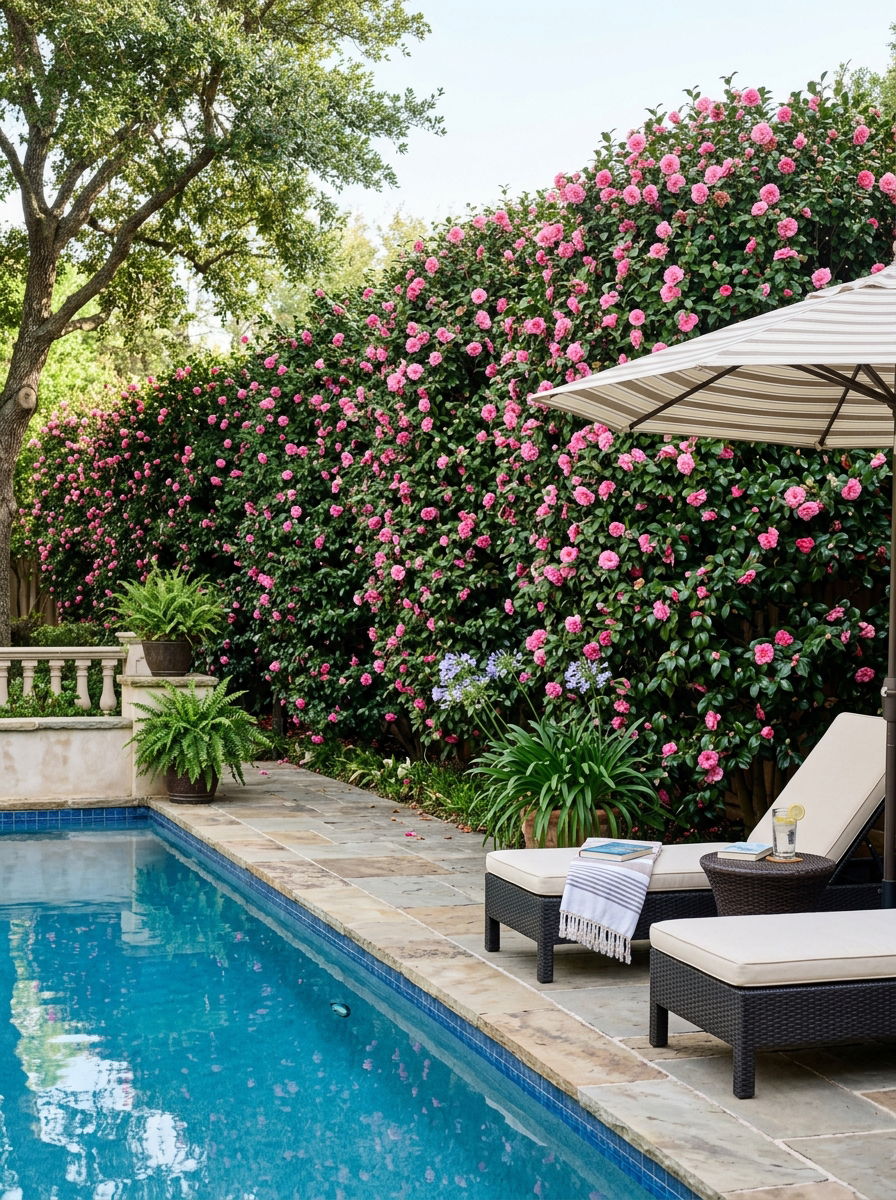 Camellia Flowering Privacy Wall - 30 pool privacy hedge ideas