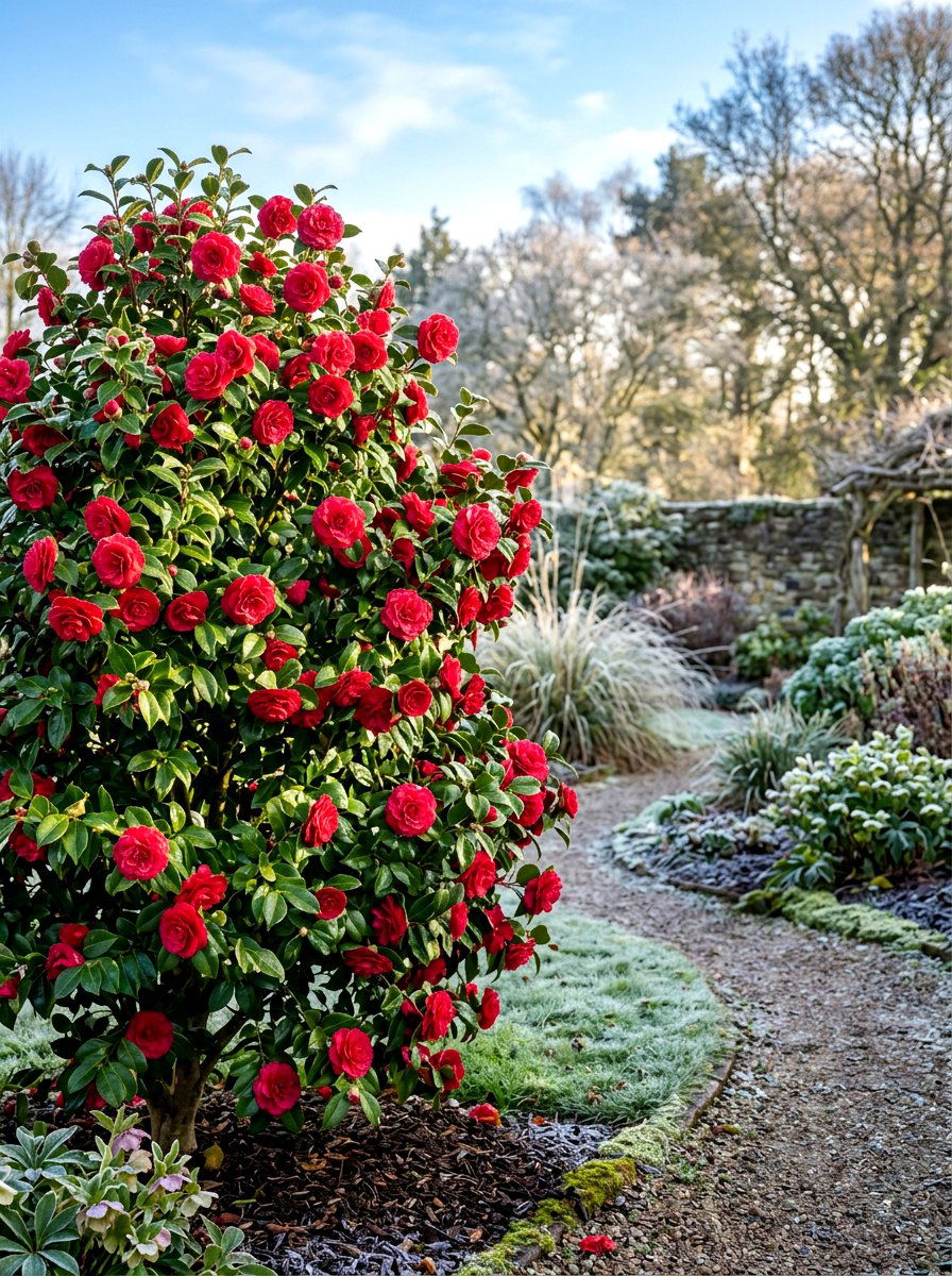 Camellia Winter Flowering Shrub - 30 evergreen landscaping ideas
