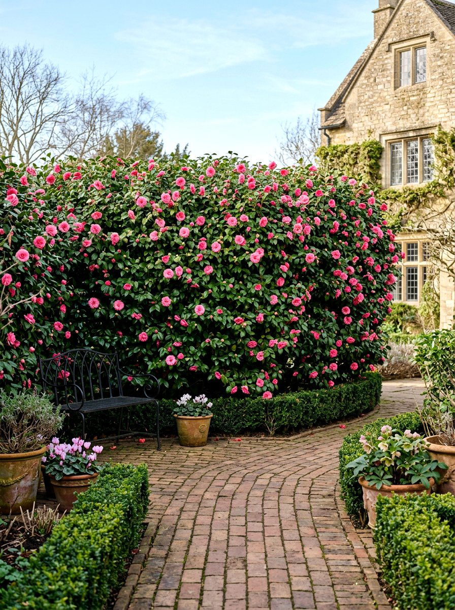 Camellia privacy hedge - 30 evergreen privacy border ideas