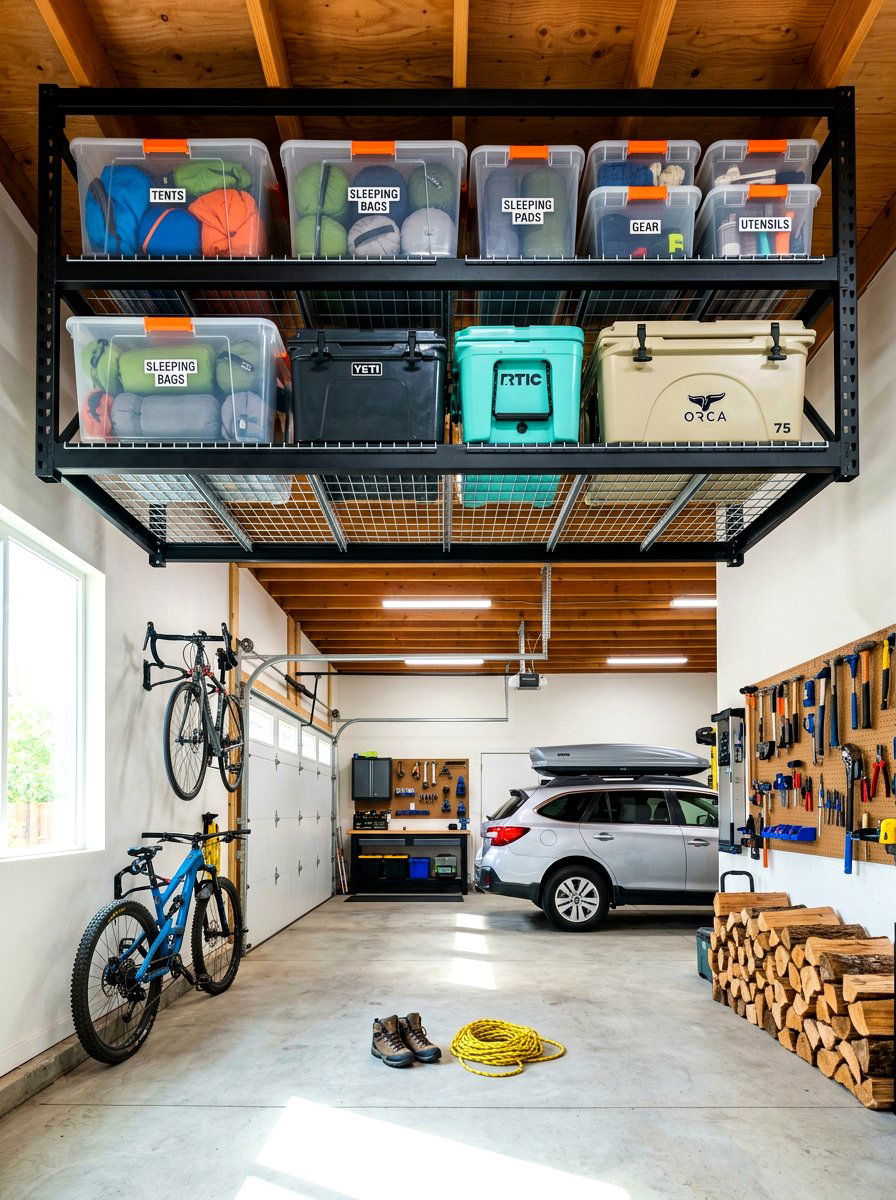 Camping Gear Overhead Storage - 30 garage overhead rack ideas