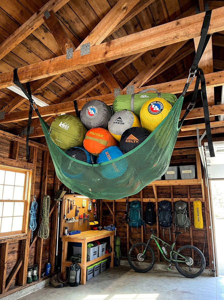 Camping gear ceiling hammock - 30 garage ceiling storage ideas