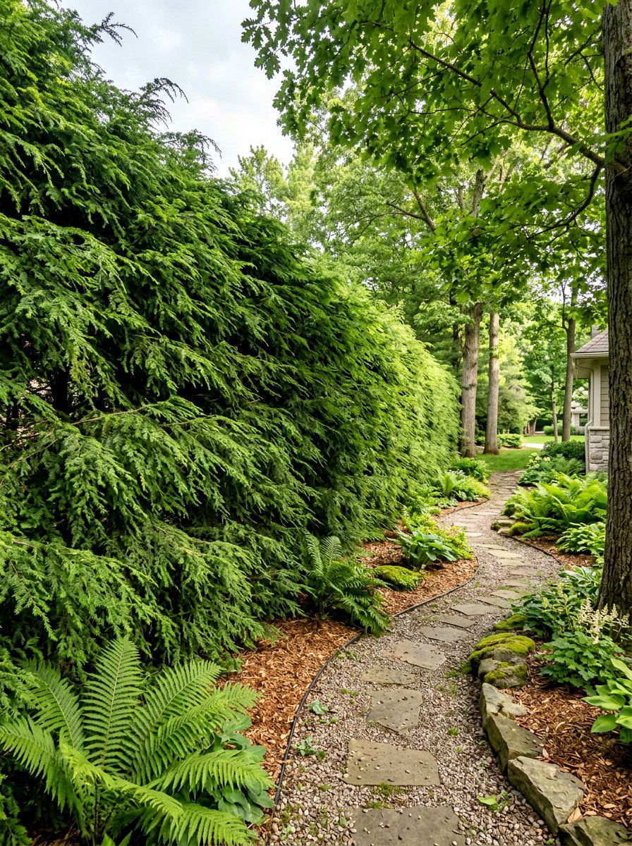 Canadian Hemlock hedge - 30 evergreen privacy border ideas
