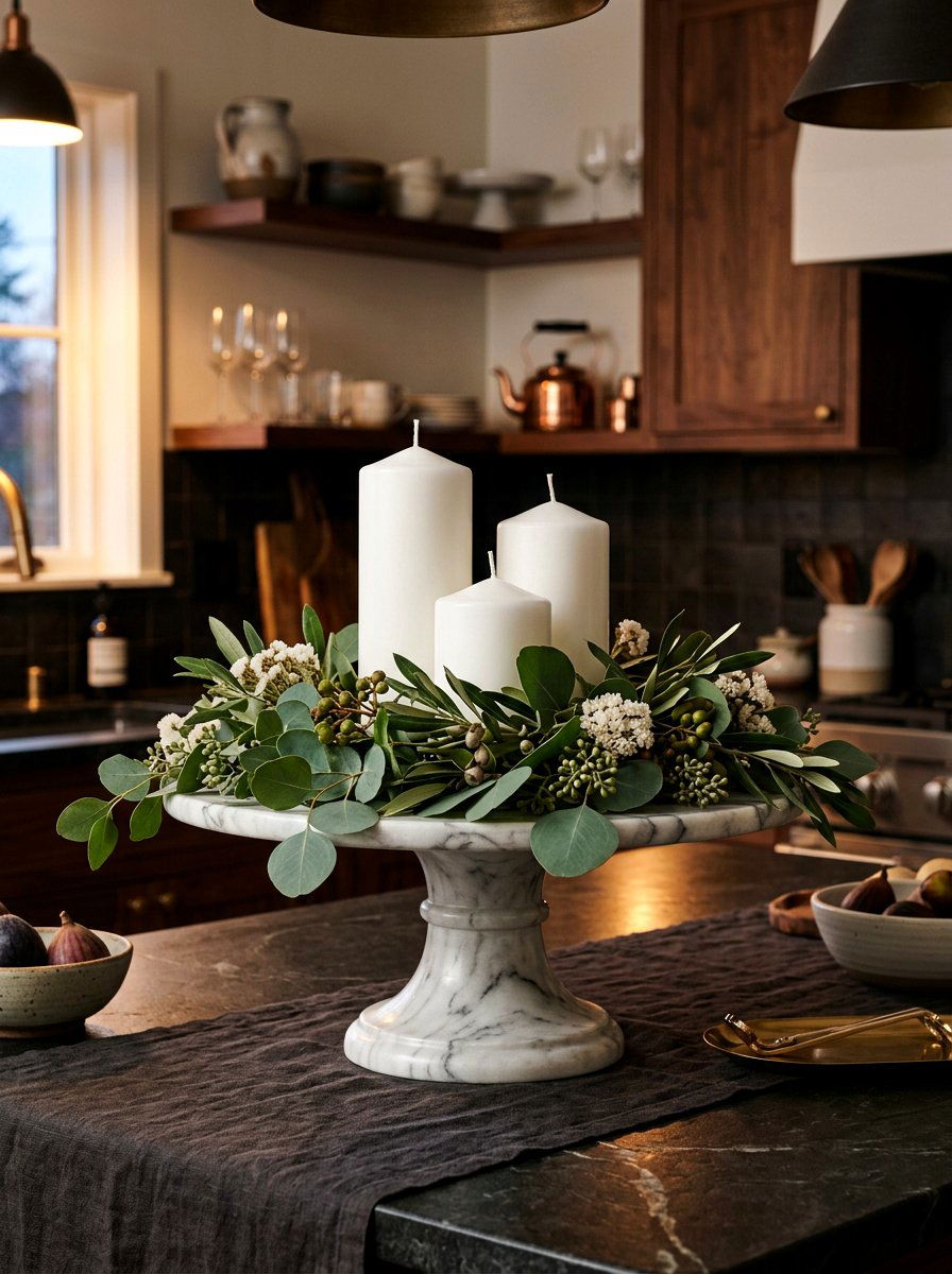 Candle Greenery Cake Stand - 30 cake stand kitchen decor ideas