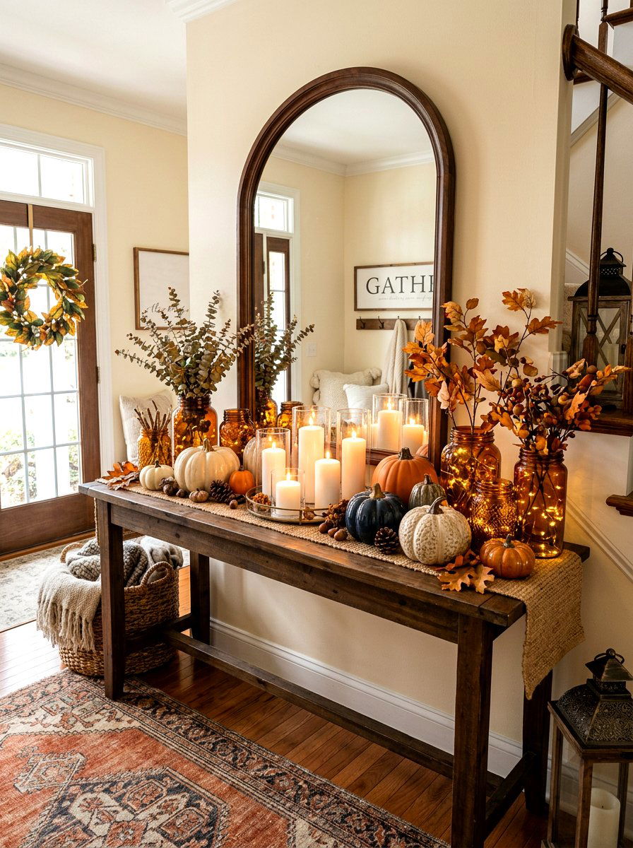Candlelit Autumn Foyer Display - 30 Thanksgiving entry table ideas
