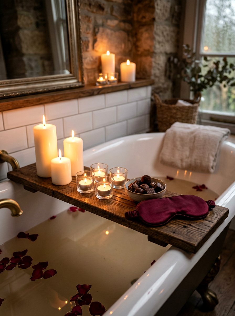 Candlelit Bathtub Tray Arrangement - 30 bath tray styling ideas