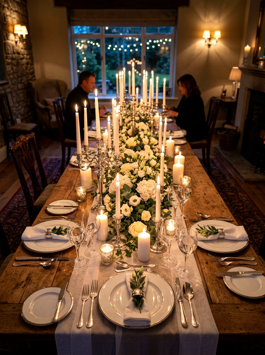 Candlelit dinner table arrangement - 30 New Year table decor ideas