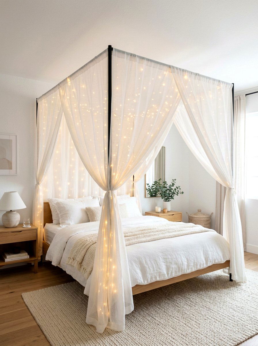Canopy bed lighting - 30 string light ideas