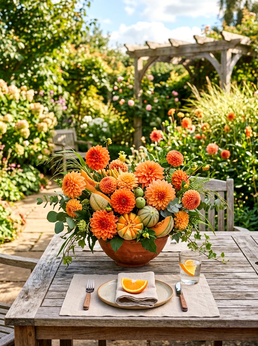 Cantaloupe and orange dahlia centerpiece - 30 fruit and floral tablescape ideas