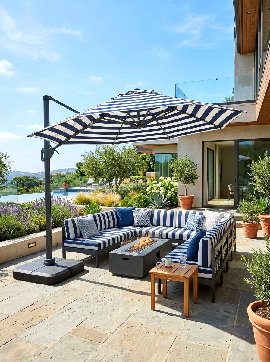 Cantilever striped umbrella - 30 striped umbrella patio decor ideas