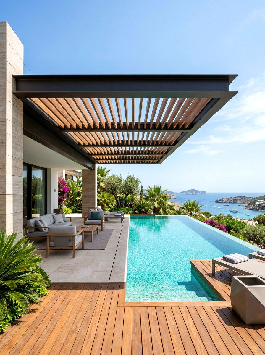 Cantilevered Poolside Pergola - 30 poolside pergola lounge ideas
