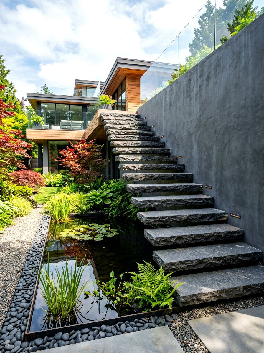 Cantilevered Stone Steps - 30 retaining wall stairs ideas