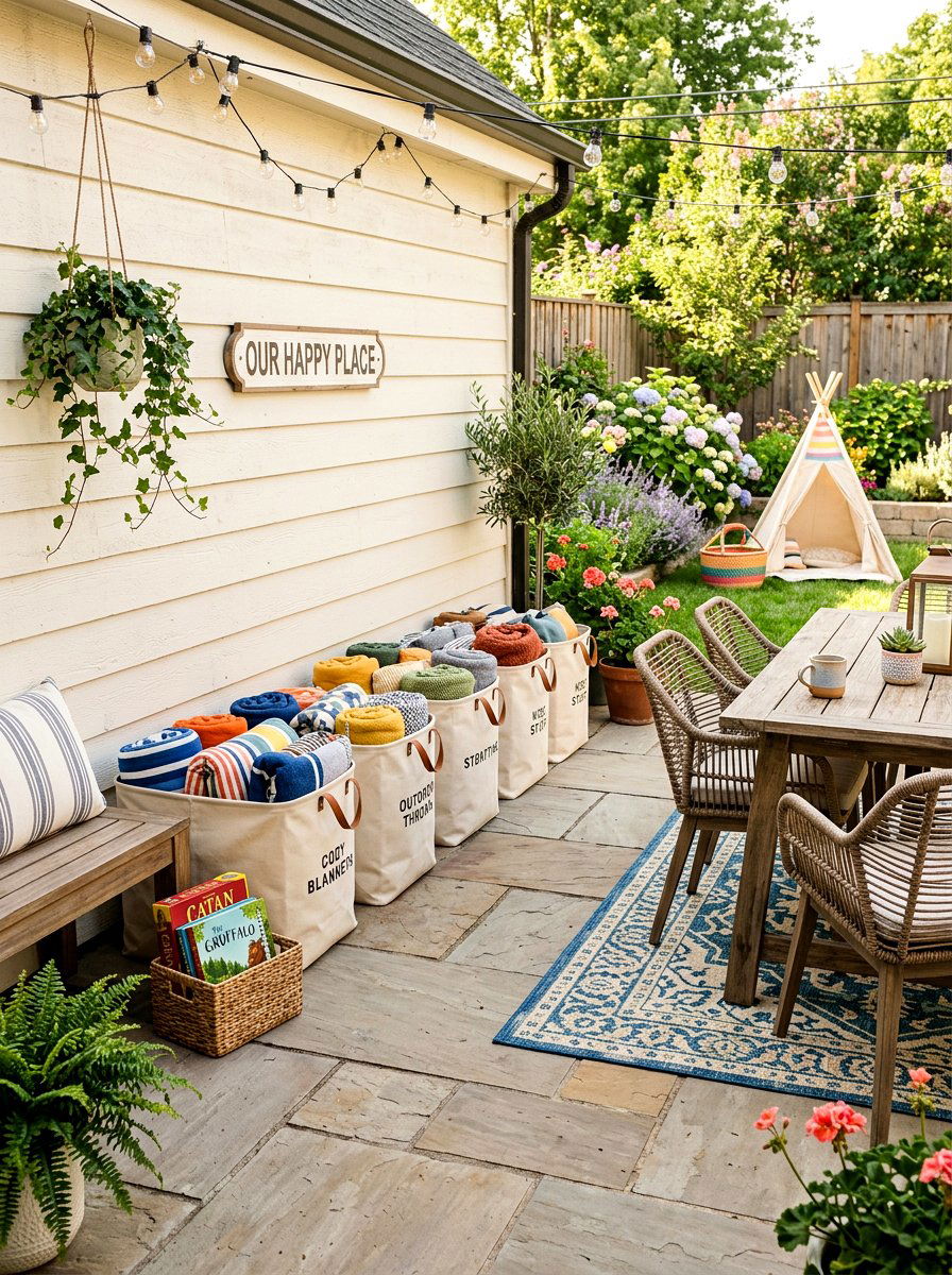 Canvas storage tote - 30 outdoor blanket storage ideas