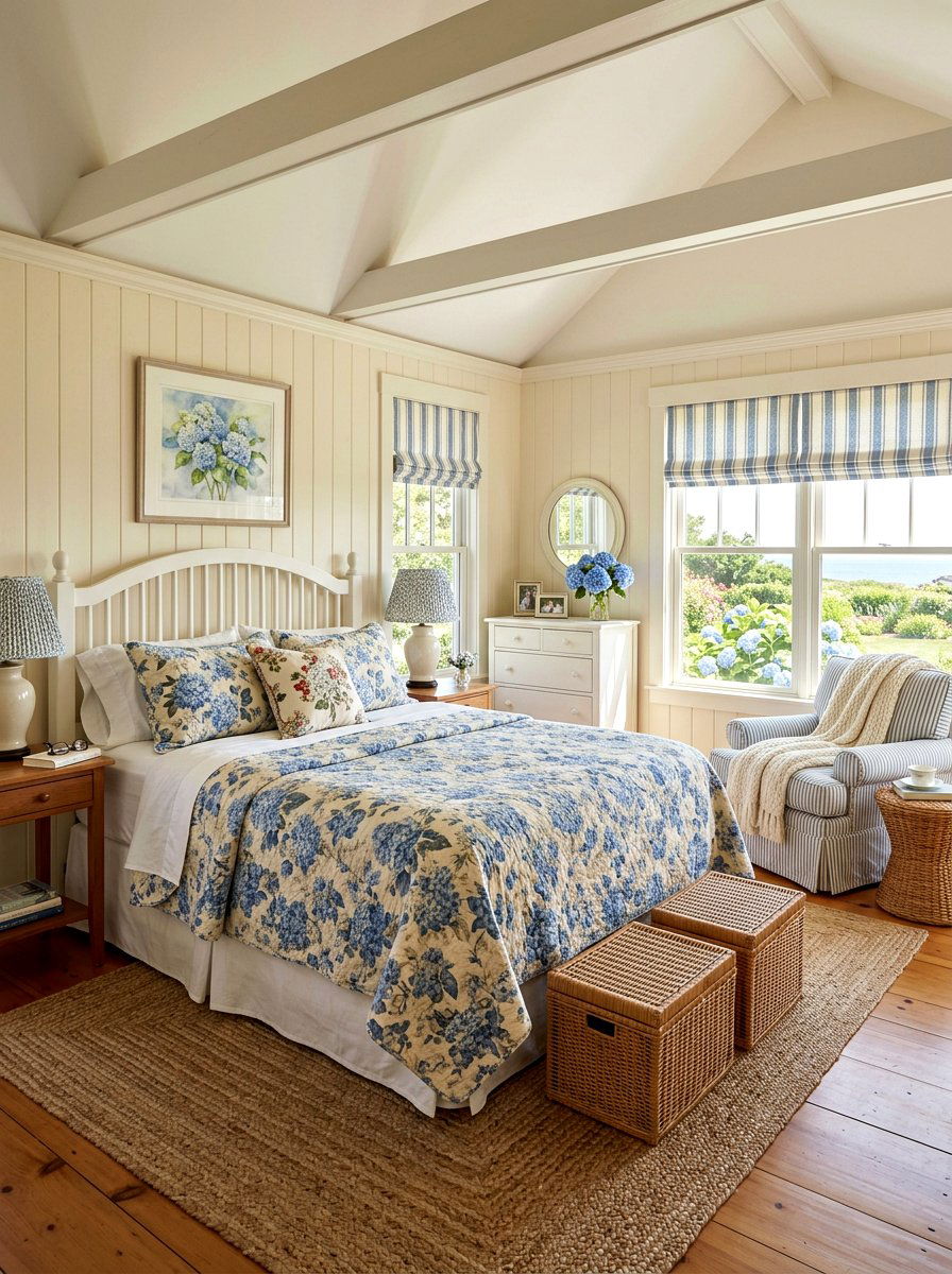 Cape Cod style bedroom with floral prints - 30 coastal bedroom ideas