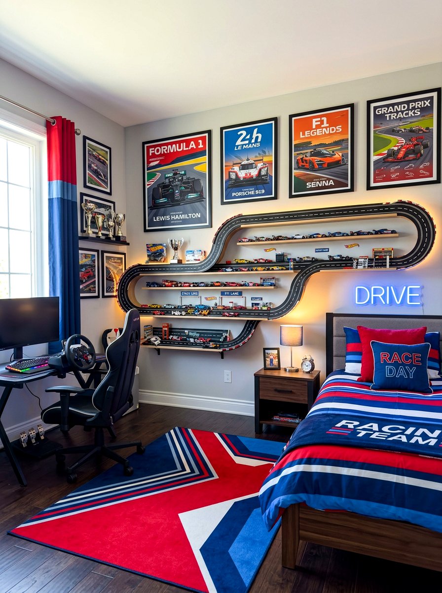 Car Racing Track Shelf - 30 organizing kids toys ideas