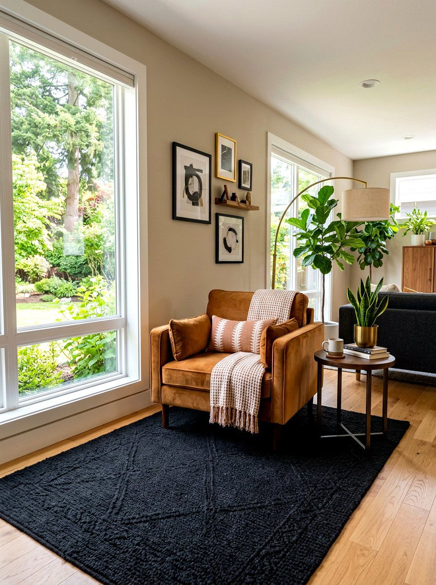 Caramel accent chair black rug - 30 caramel and black living room ideas