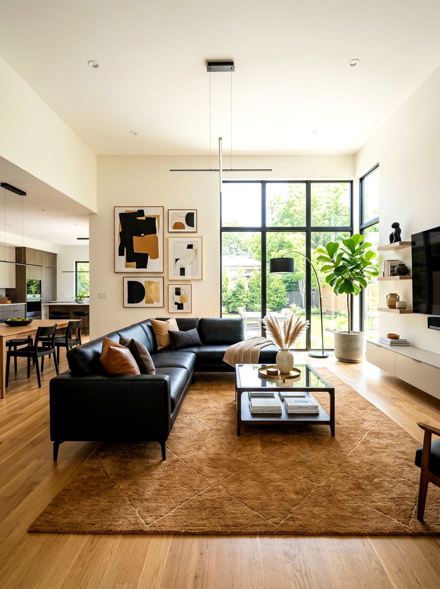 Caramel area rug black sofa - 30 caramel and black living room ideas