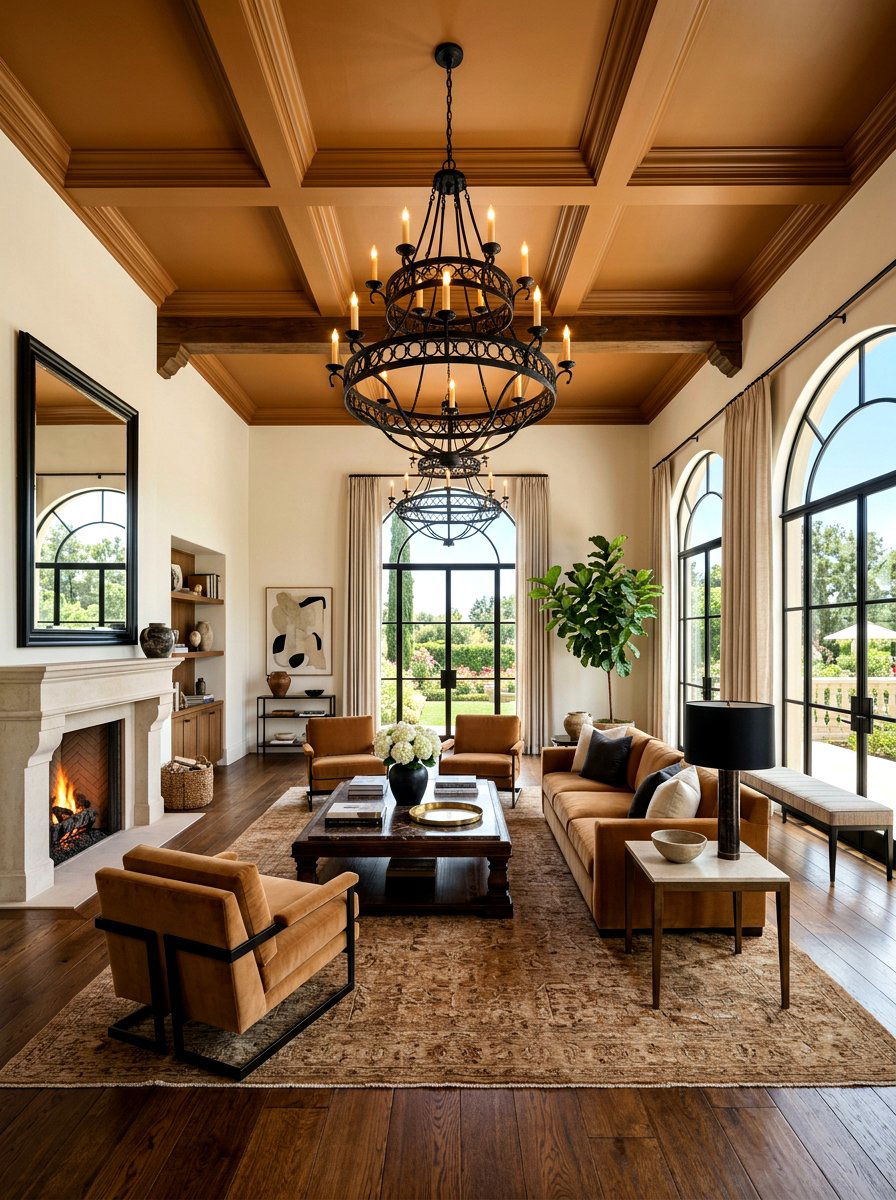 Caramel ceiling black chandelier - 30 caramel and black living room ideas