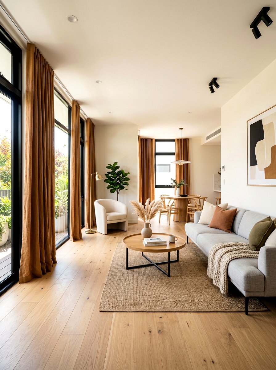 Caramel curtains black window frames - 30 caramel and black living room ideas