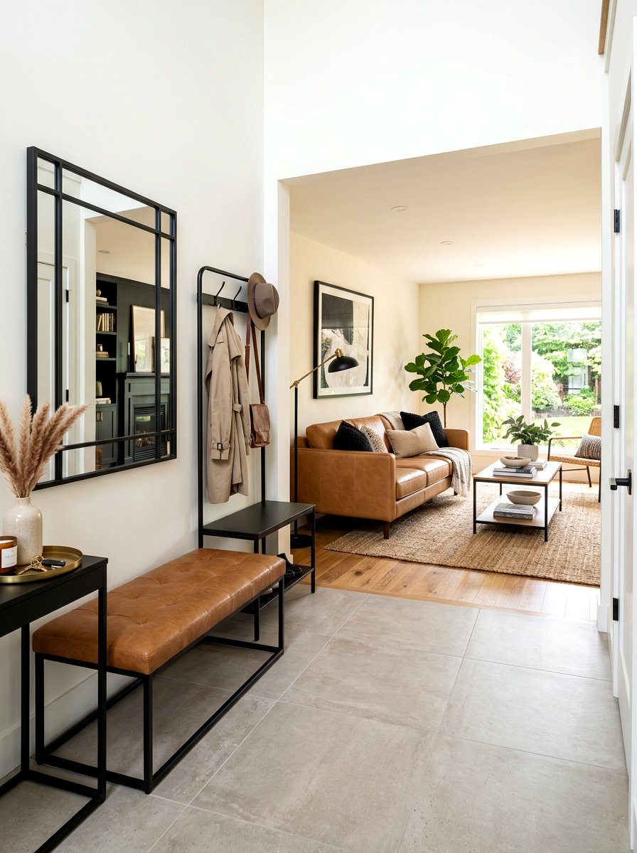 Caramel leather bench black entryway - 30 caramel and black living room ideas