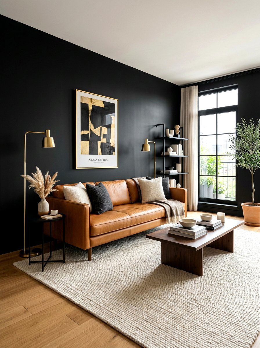 Caramel leather sofa black wall - 30 caramel and black living room ideas