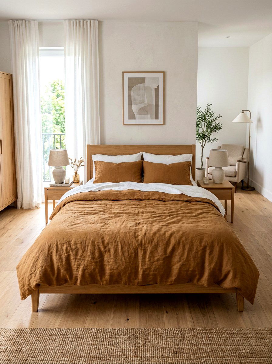Caramel linen bedding - 30 warm caramel bedroom ideas