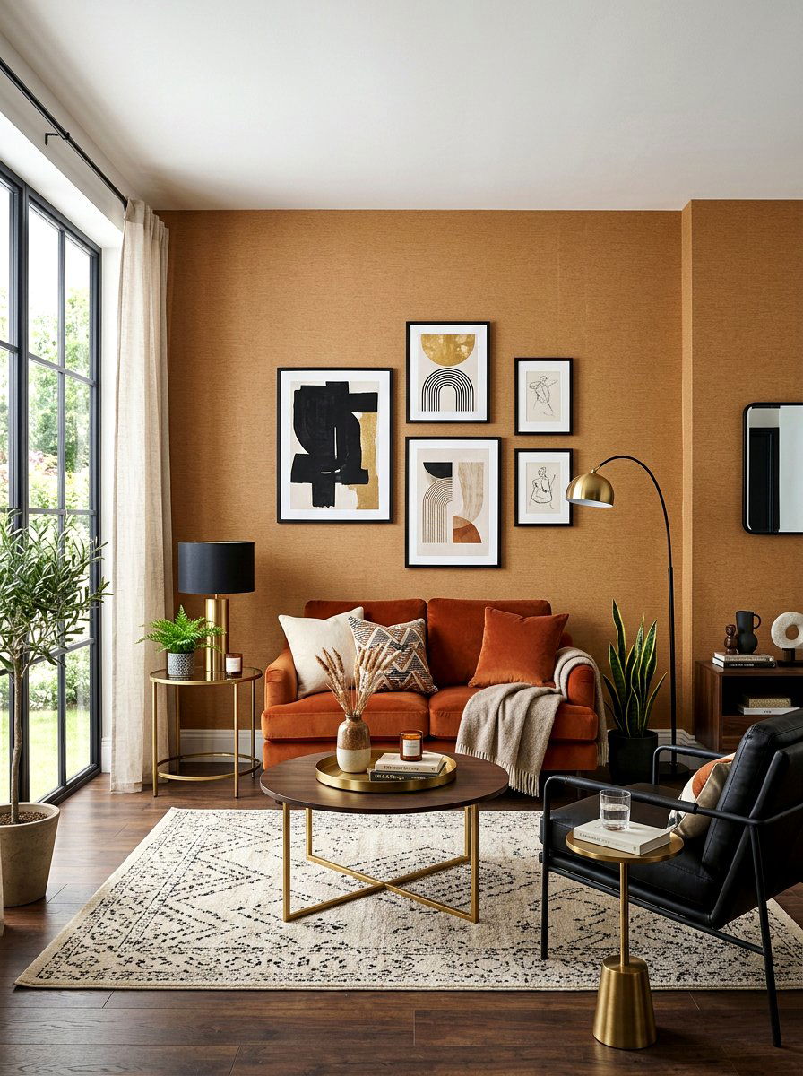 Caramel wallpaper black accents - 30 caramel and black living room ideas