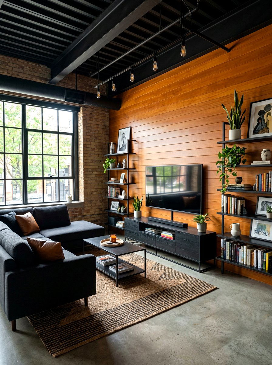 Caramel wood paneling black furniture - 30 caramel and black living room ideas