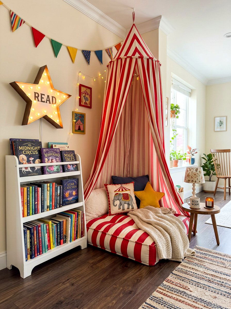 Carnival theme reading nook - 30 circus stripe kids room ideas