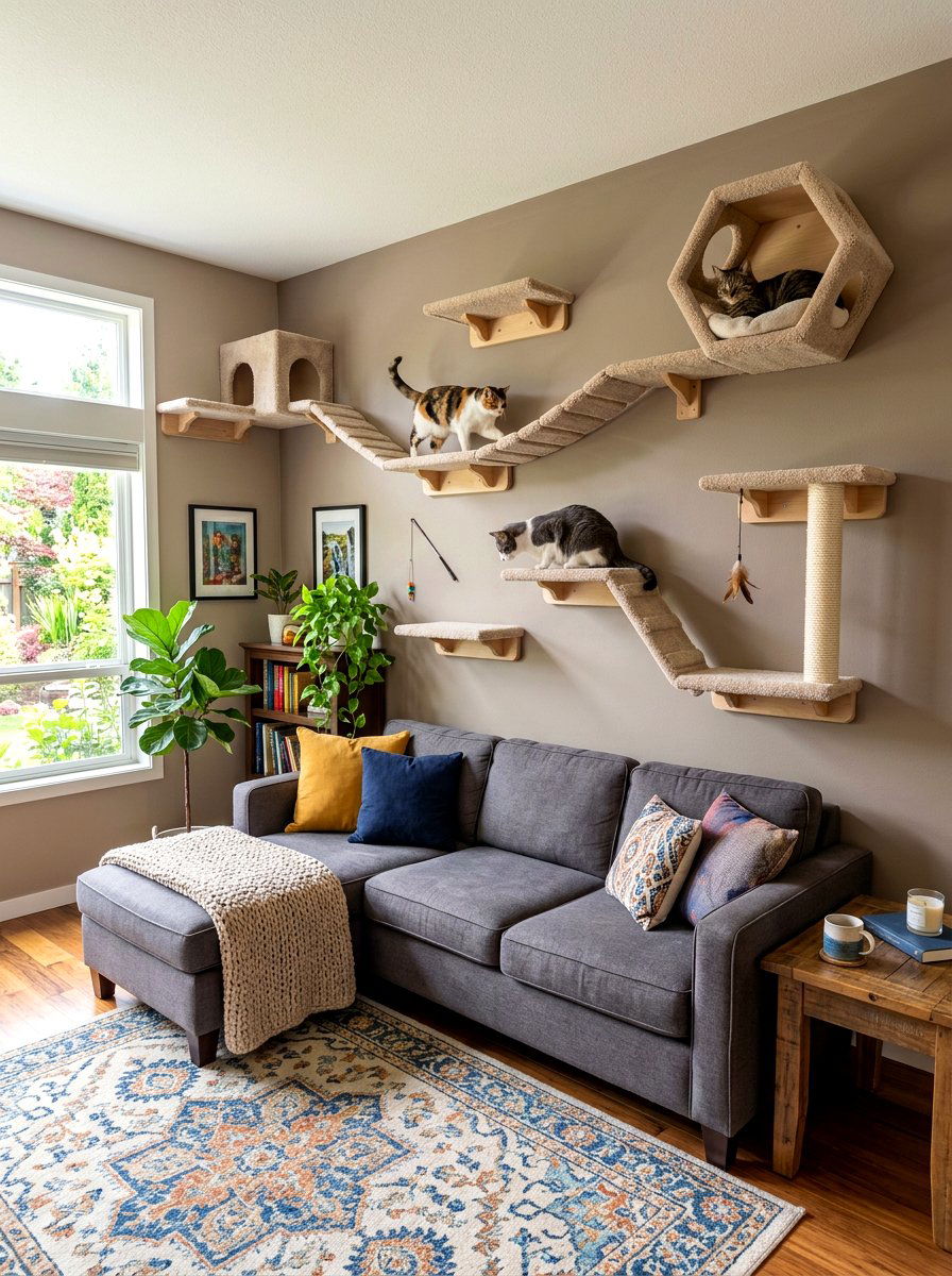 Carpeted Cat Wall Shelf Playground - 30 cat shelf wall ideas