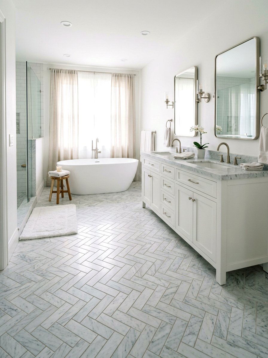 Carrara Marble Herringbone Floor - 30 marble mosaic bathroom ideas