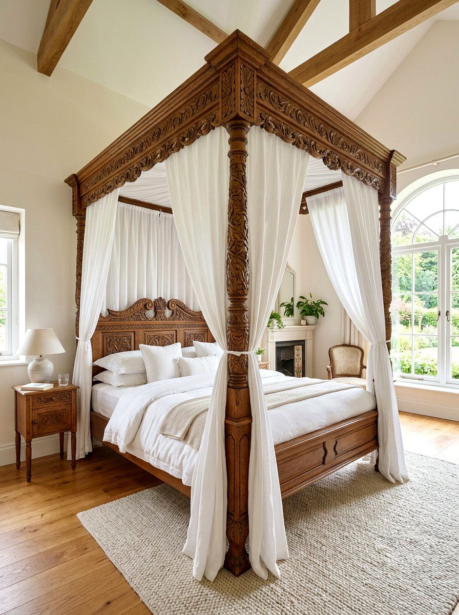 Carved Oak Four Poster Bed - 30 antique bedroom decor ideas