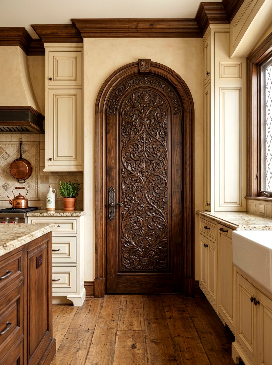 Carved wood arched pantry door - 30 arched pantry door ideas