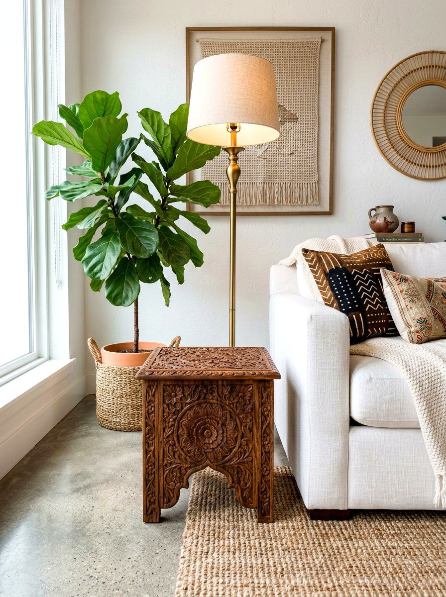Carved wood stool - 30 boho outdoor furniture ideas