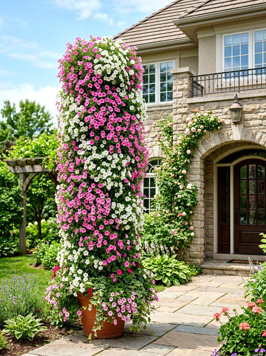 Cascading Flower Tower - 30 vertical flower garden ideas