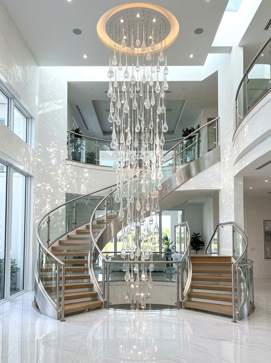 Cascading Glass Droplet Stairwell - 30 stairway chandelier ideas