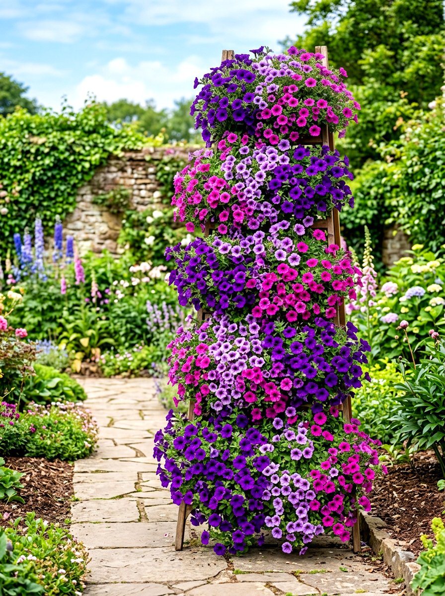 Cascading Petunia Ladder Stand - 30 ladder planter ideas