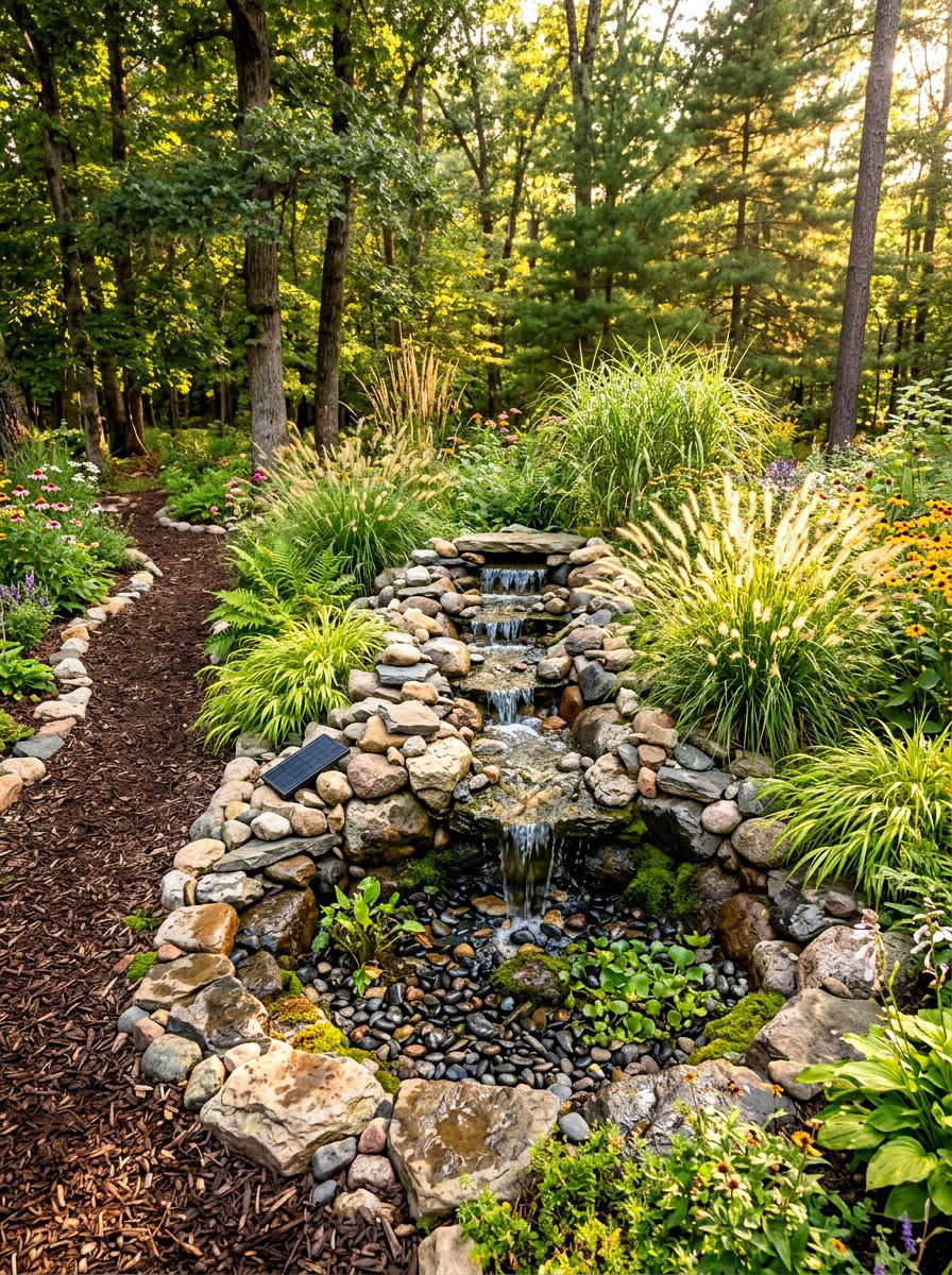 Cascading Stone Solar Water Feature - 30 solar fountain ideas