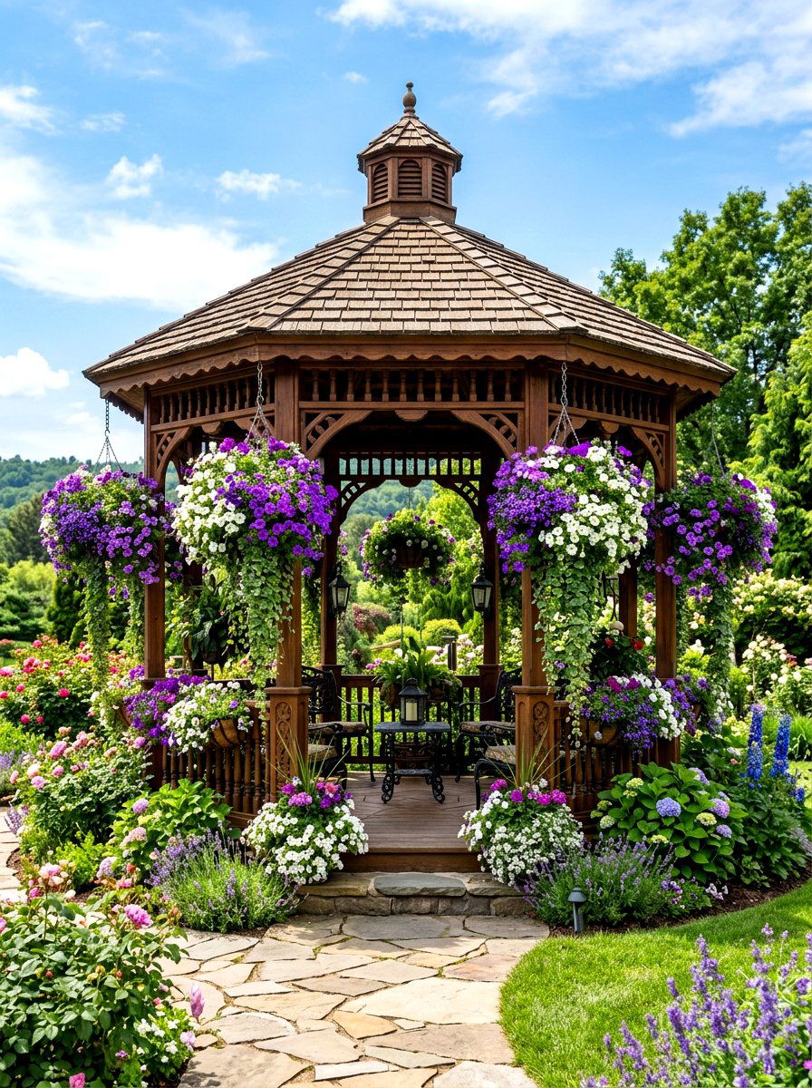 Cascading gazebo flower baskets - 30 gazebo planter ideas