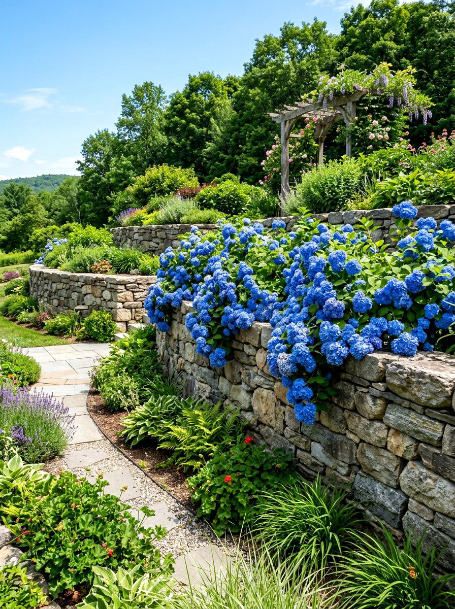Cascading hydrangea retaining wall - 30 hydrangea border ideas