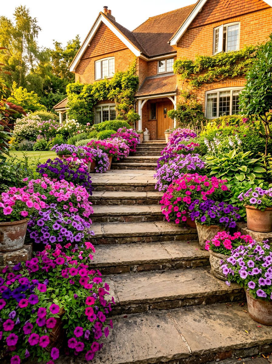 Cascading petunia containers - 30 porch step planter ideas