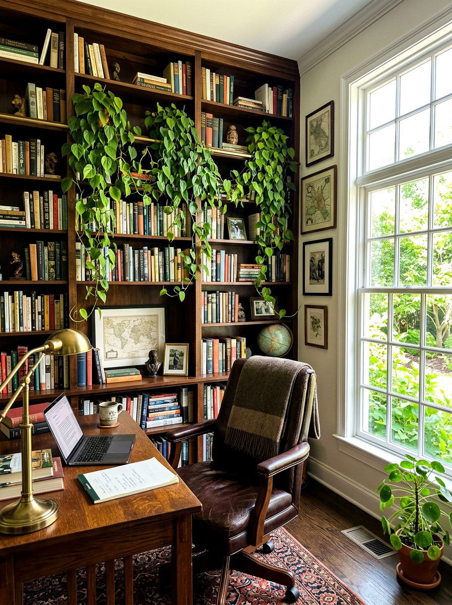 Cascading vines bookshelf - 30 indoor plant decor ideas
