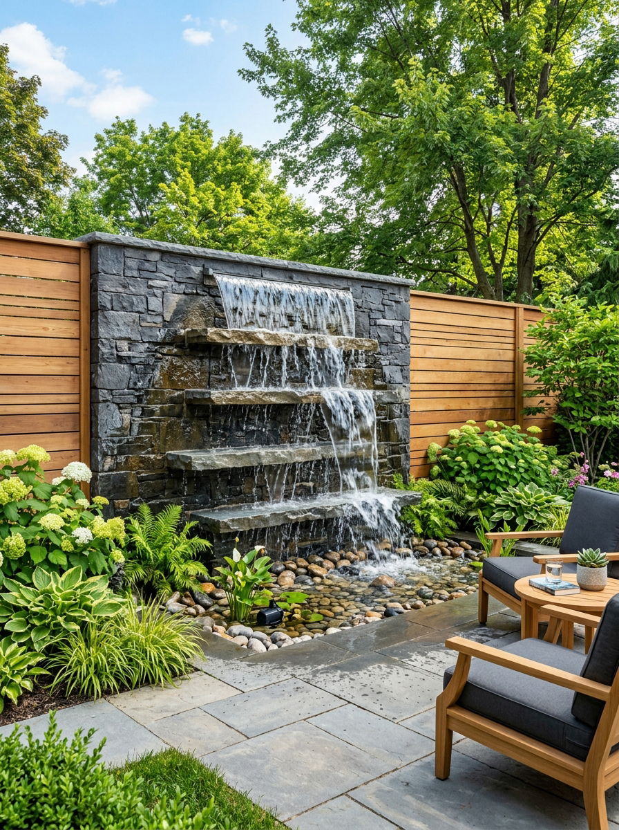 Cascading waterfall wall fountain - 30 wall fountain ideas