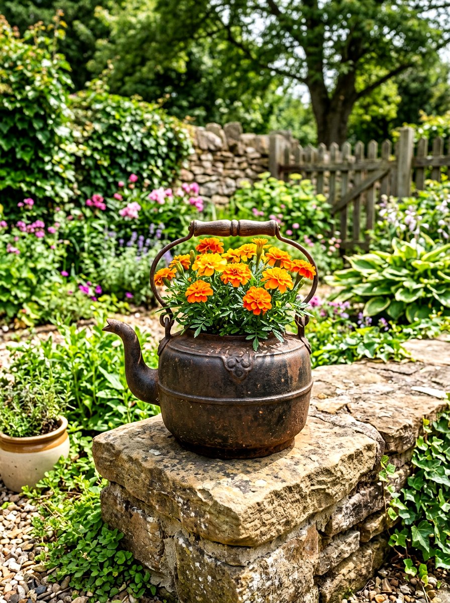 Cast Iron Kettle - 30 rustic container garden ideas