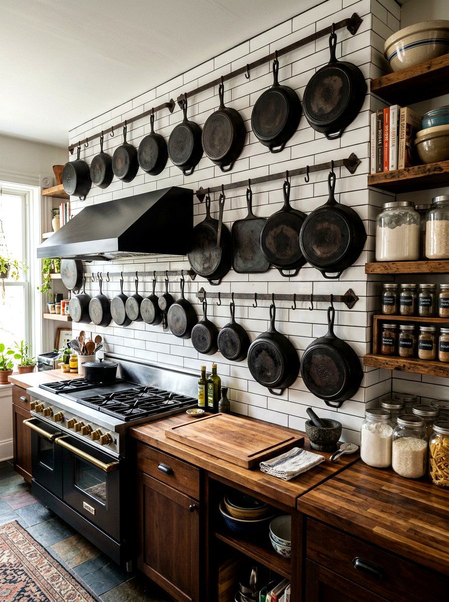 Cast Iron Skillet Wall - 30 vintage farmhouse kitchen ideas